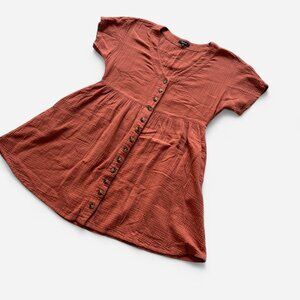 Madewell Rust Button-Front Mini Dress Short Sleeve V-Neck Textured Cotton M